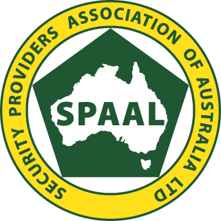 Security Providers Association of Australia Limited (SPAAL) emblem — a white map of Australia on a green pentagon inside a yellow ring.